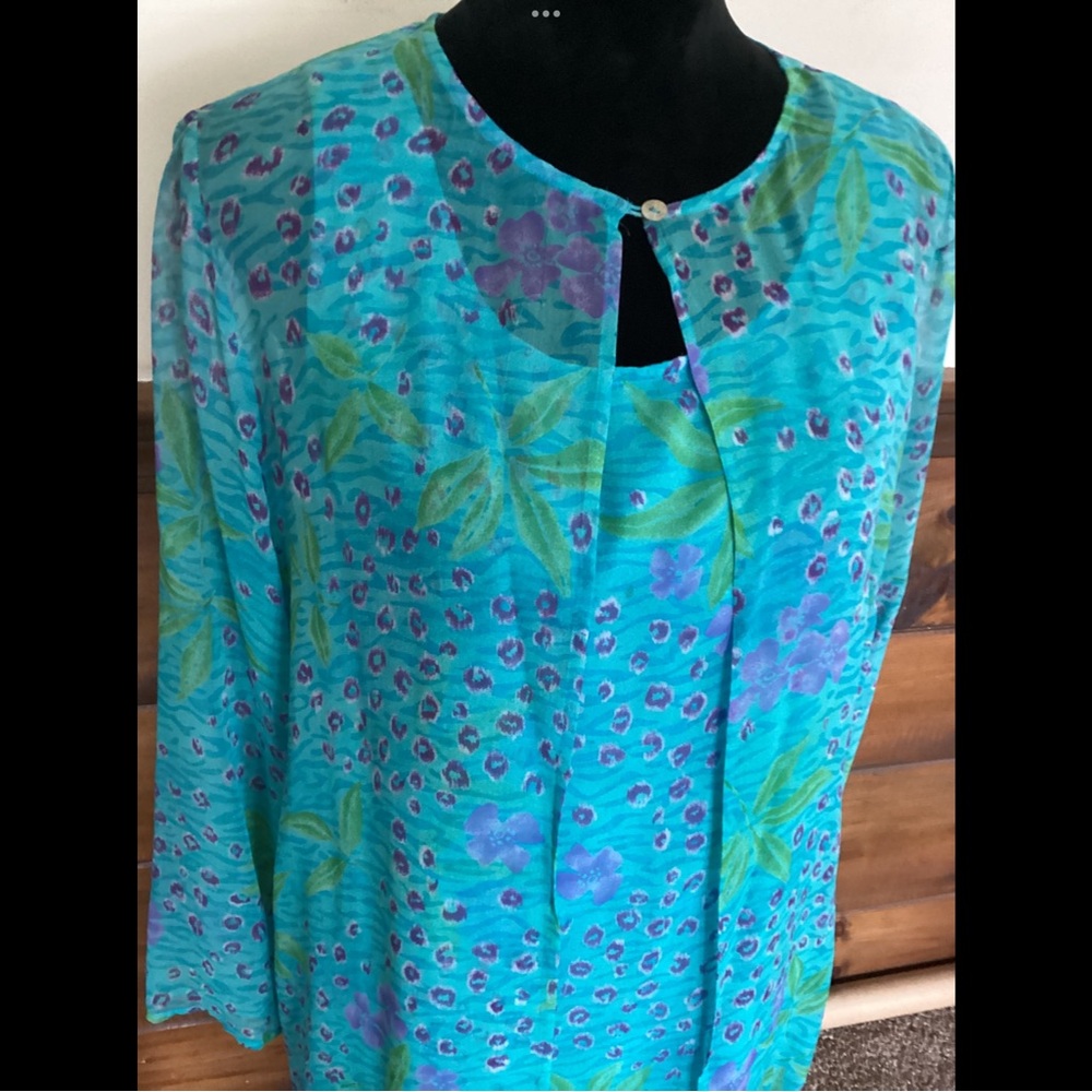 L Vintage Silk Crepe Mermaid Sheath Dress Aqua Blue with Sheer Jacket, Like New